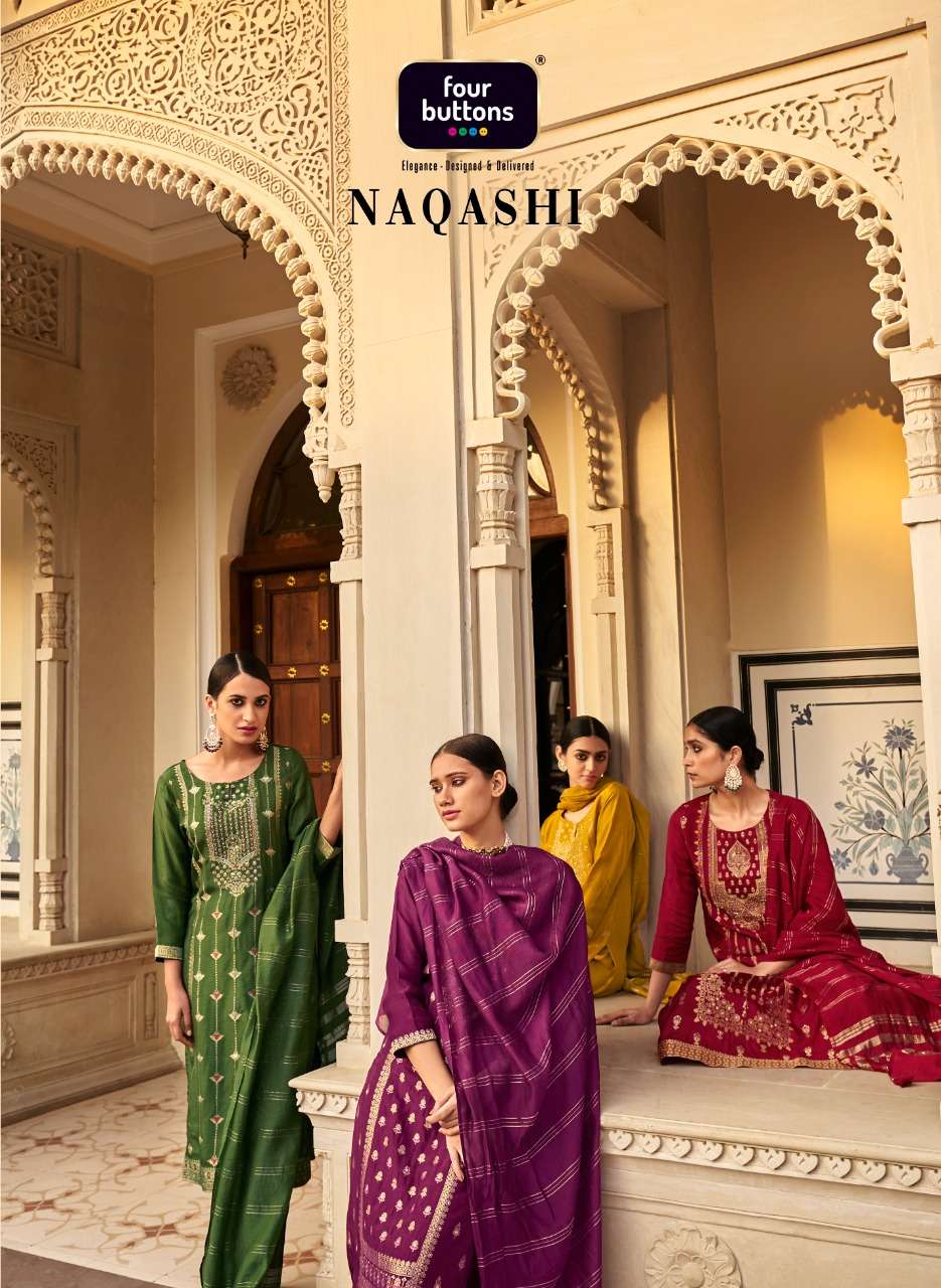 NAQASHI BY FOUR BUTTONS BRAND JACQUARD MEENA HANDWORK DOLA SILK KURTI WITH VISCOSE SILK PANT AND VIS...