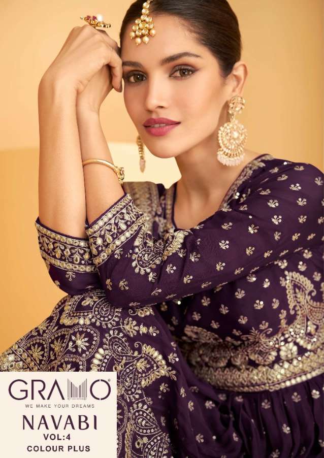 NAVABI VOL 4 COLOUR BY GRAMO BRAND FOX  GEORGETTE LONG KURTI WITH SHARARA AND EMBROIDERY WORK DUPATT...