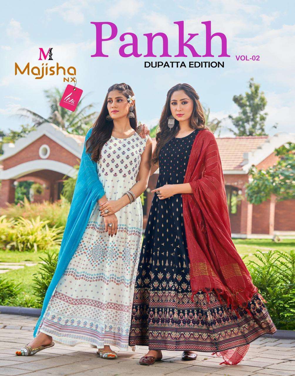 PANKH VOL 2 BY MAJISHA NX BRAND REYON 14KG LIVA TAG FOIL PRINTED LONG GOWN STYLE KURTI WITH HEAVY DY...