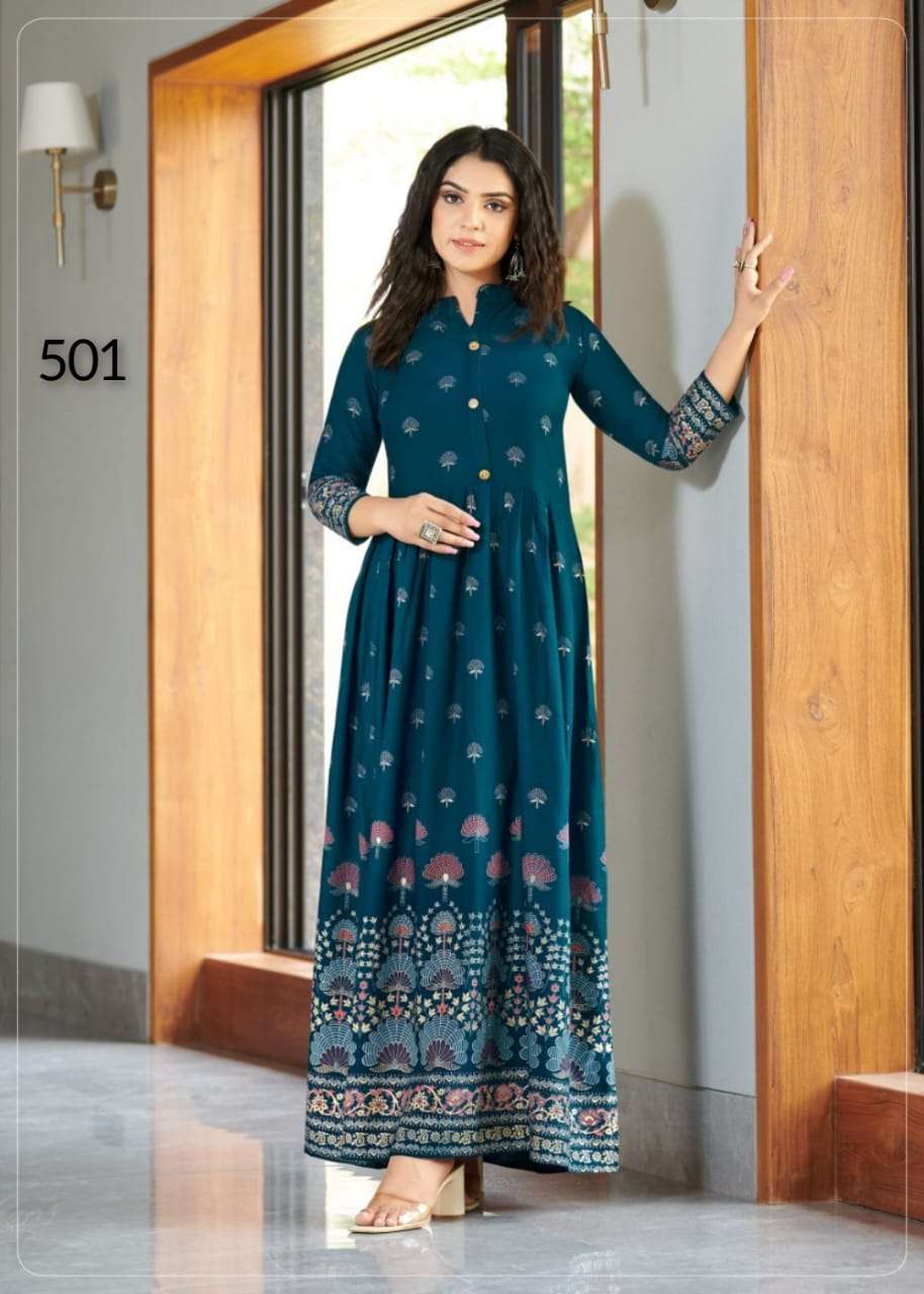 SEHNAAZ VOL 5 BY S3FOREVER BRAND 14 KG RAYON GOWN PATTERN KURTI WITH FABULOUS PRINT AND WORK BY S3FO...