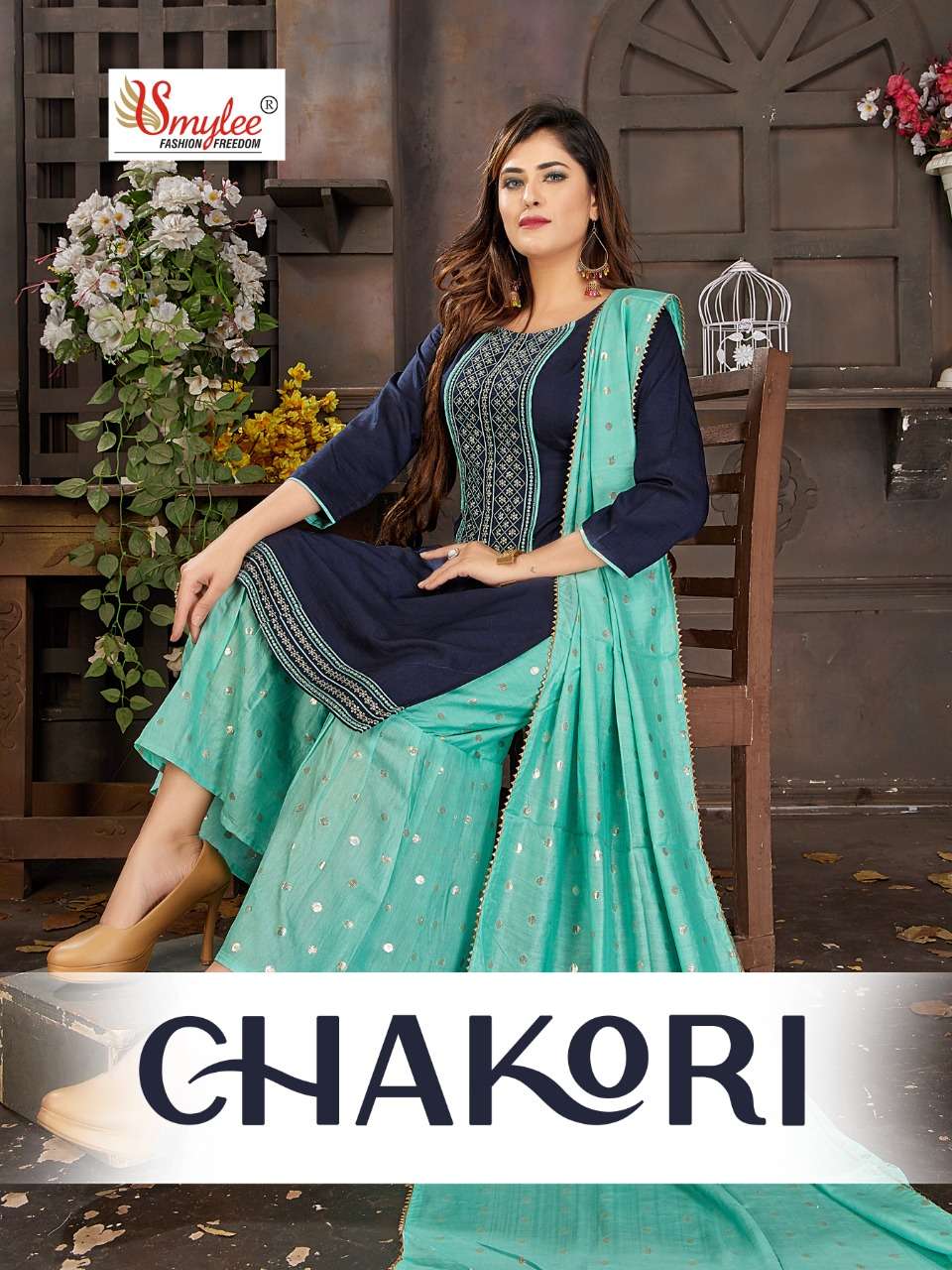 SMYLEE - CHAKORI - HEAVY CHINON SILK KURTI AND CHANDERI SILK SHARARA WITH DUPATTA - S3FOREVER GUJARA...