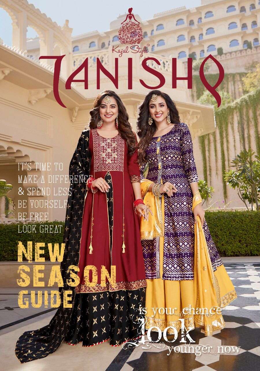  TANISHQ VOL 1 BY KAJAL STYLE BRAND HEAVY RAYON TWO LAYER EMBROIDERY WORK CLASSY FOIL PRINTS GOWN KU...