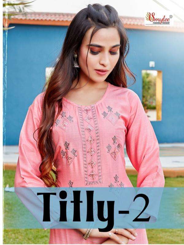 TITLY 2 BY SMYLEE BRAND HEAVY SLUB RAYON WITH MANUAL EMBROIDERY AND SEQUENCE WORK KURTI WHOLESALE AN...