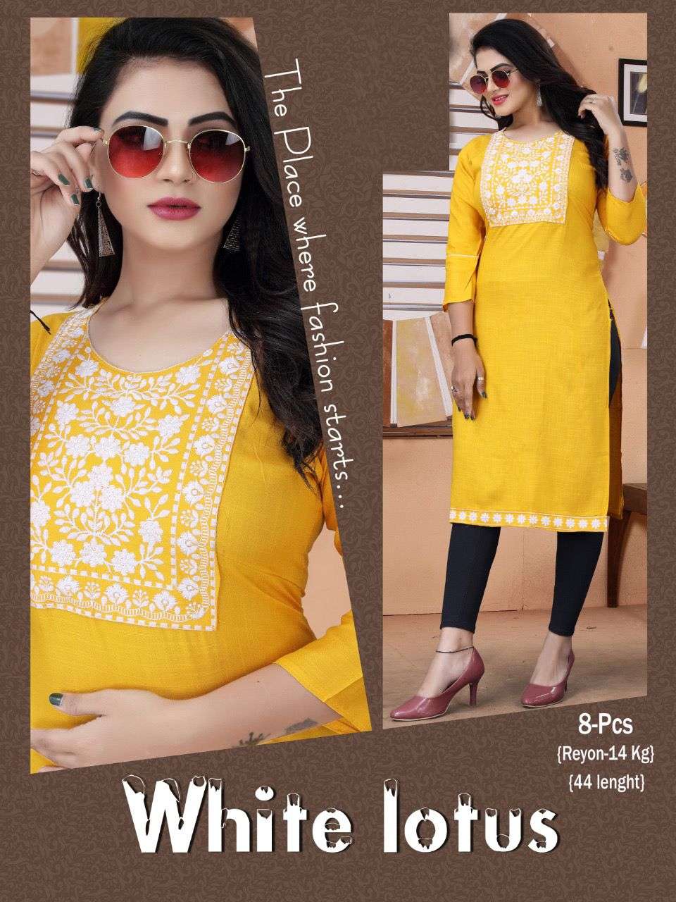 WHITE LOTUS BY S3FOREVER BRAND HEAVY RAYON SLUB WHITE EMBROIDERED WORK WITH PATTI WORK KURTI WHOLESA...