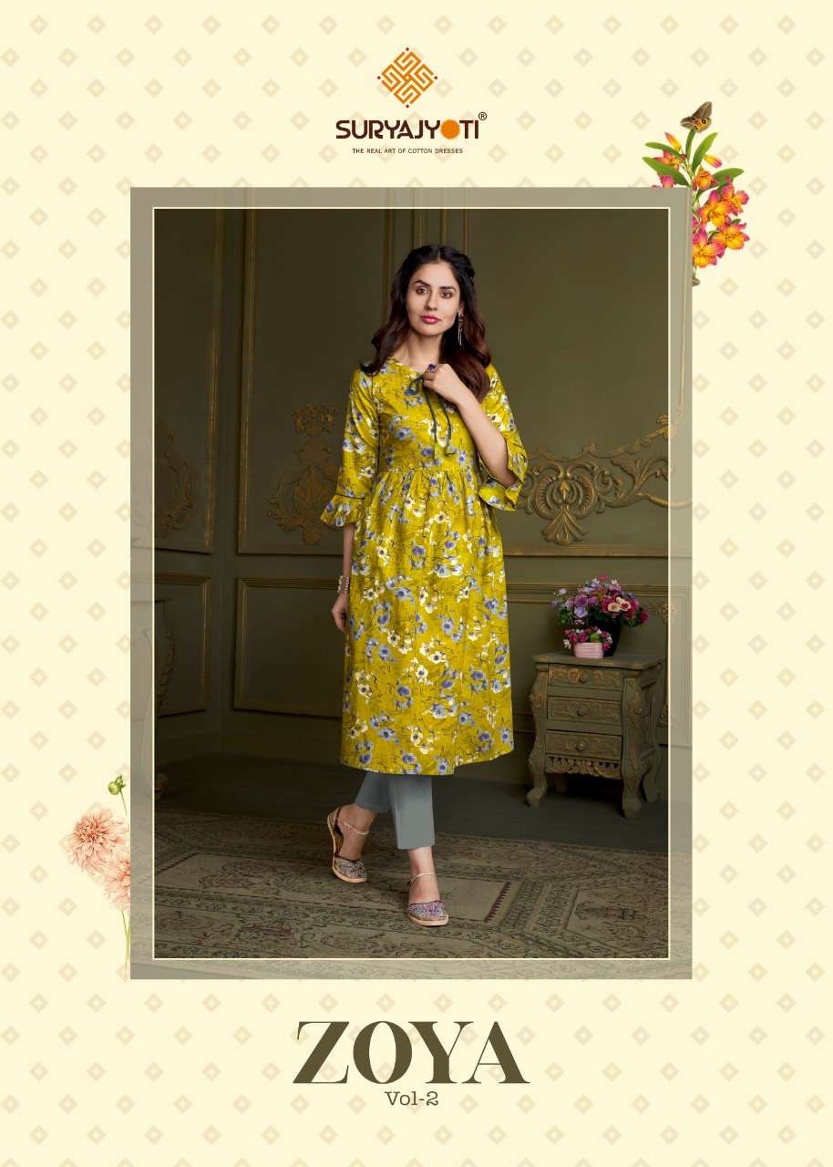ZOYA VOL 2 BY SURYAJYOTI BRAND PURE COTTON LAWN WITH HAND WORK STRAIGHT KURTI WHOLESALER AND DEALER