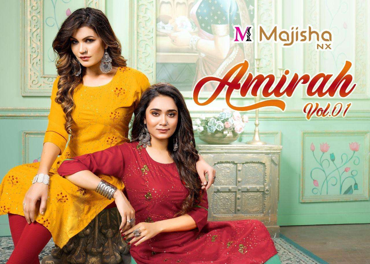 AMIRAH VOL 1 BY MAJISHA NX BRAND HEAVY RAYON 14 KG WITH FANCY SEQUENCE WORK KURTI WHOLESALER AND DEA...