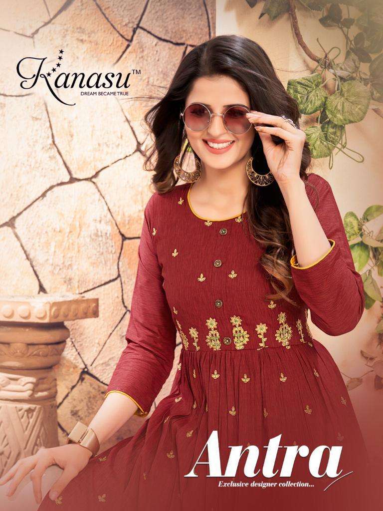 ANTRA BY KANASU BRAND HEAVY 14 KG RAYON LIQUID EMBROIDERY WORK PLEATED FLAIR STRIGHT KURTI WHOLESALE...