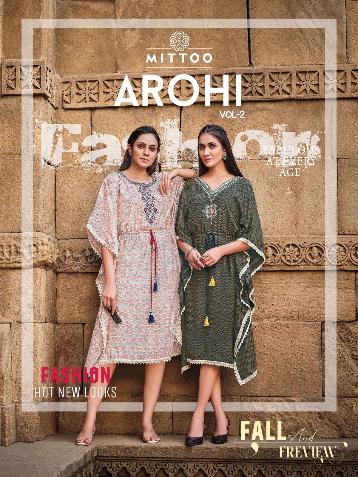 AROHI VOL 2 BY MITTOO BRAND RAYON CALSSY PRINT WITH NECK EMBROIDERY WORK WITH COTTON LACE KAFTAN KUR...
