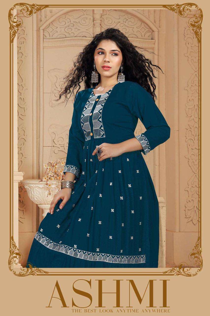 ASHMI BY RIYAA BRAND HEAVY RAYON SEQUENCE WORK FROCK STYLE KURTI WHOLESALER AND DEALER