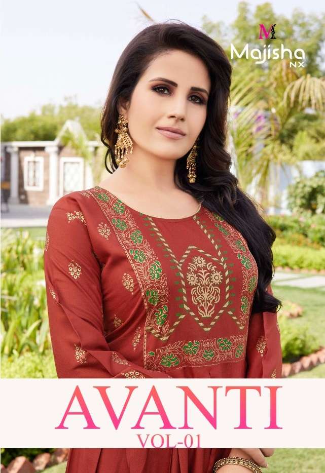 AVANTI  VOL 1 BY MAJISHA NX BRAND RAYON SLUB WITH FOIL PRINT WORK LONG GOWN KURTI WHOLESALER AND DEA...