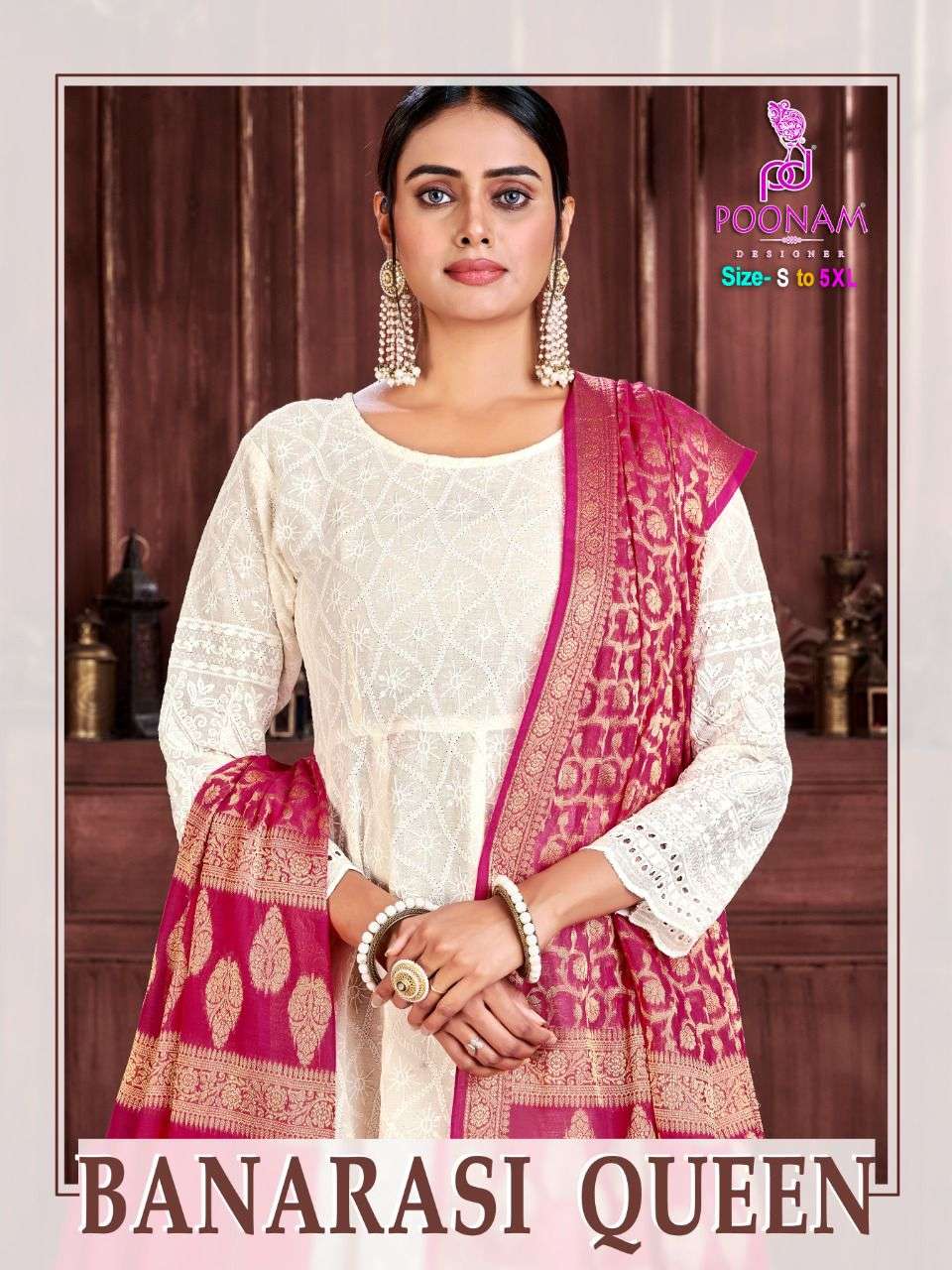 BANARASI QUEEN BY POONAM DESIGNER BRAND COTTON CHIKAN WORK WITH BORING WORK LONG GOWN KURTI WITH PUR...