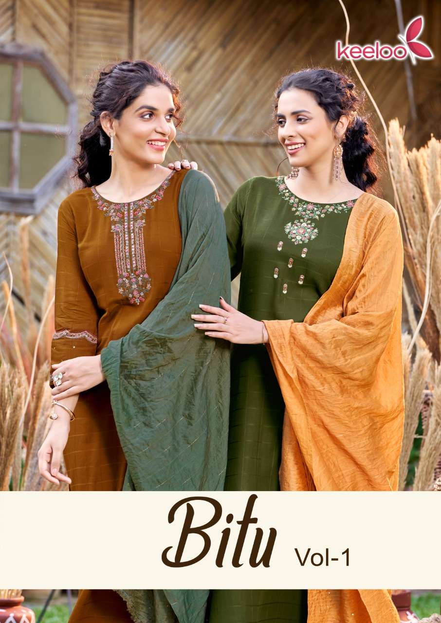 BITU-1 BY KEELOO BRAND FANCY VISCOSE STRIPE EMBROIDERY KHATLI WORK KURTI WITH COTTON SLUB LYCRA PANT...