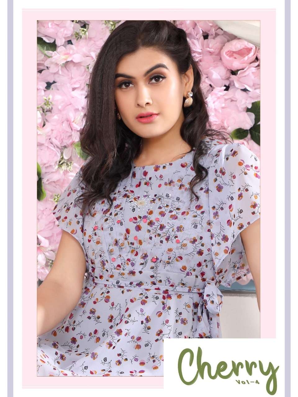 CHERRY VOL 4 BY VALAS BRAND GEORGETTE PRINT WITH HANDWORK AND INNER WESTAN WEAR KURTI WHOLESALER AND...