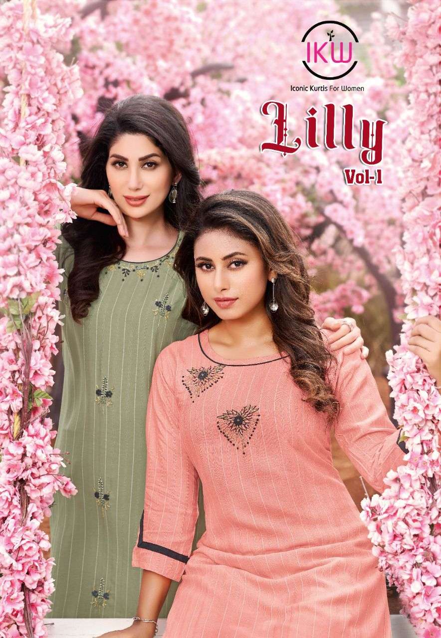 LILLY VOL-1 BY IKW DESIGNS BRAND VISCOSE STRIPES  WITH EMBROIDERY WORK KURTI WHOLESALE AND DEALER