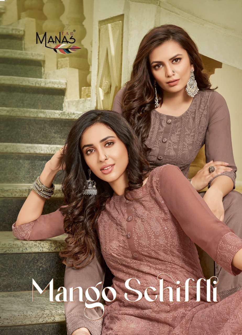 MANGO SCHIFFLI BY MANAS FAB BRAND GEORGETTE SCHIFFLI WORK FULL INEER KURTI WITH SANTOON BORDER LACE ...