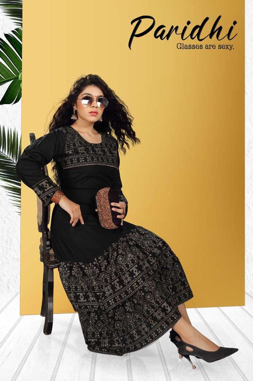 PARIDHI VOL1 BY RIYAA BRAND HEAVY RAYON FOIL PRINT WORK FROCK STYLE FANCY KURTI WHOLESALER AND DEALE...