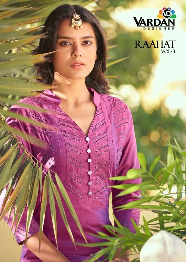 RAAHAT VOL- 3 BY VARDAN DESIGNER BRAND ROMAN SILK WITH FANCY EMBROIDERY WORK KURTI WITH INNER AND RO...