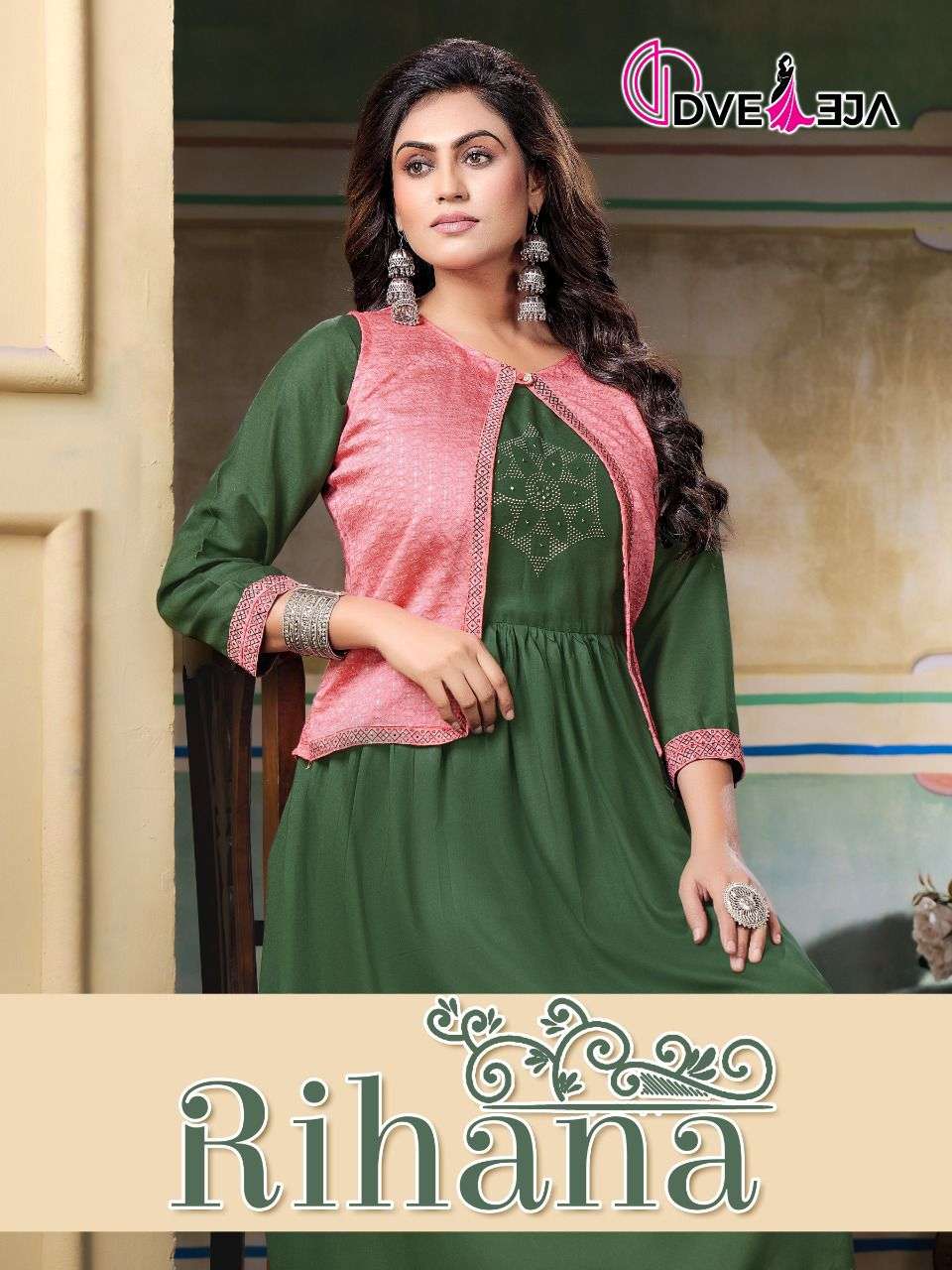 RIHANA BY DVEEJA BRAND PREMIUM RAYON SIROSKI STONE WORK FLAIR KURTI WITH CHANDERI JACKET WHOLESALER ...