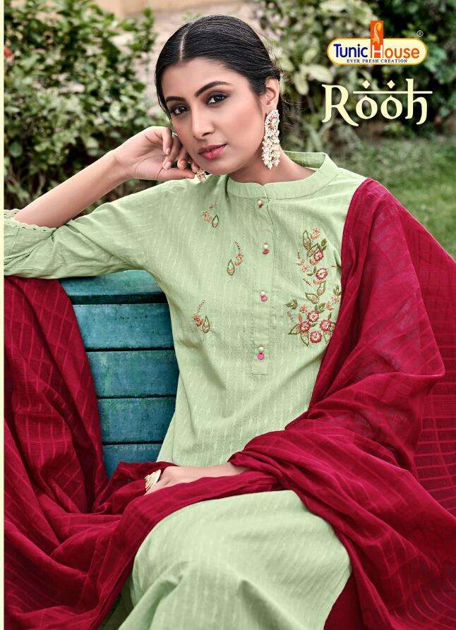 ROOH BY TUNIC HOUSE BRAND COTTON JACQUARD EMBROIDERY AND OTHER TRIMS HANDWORK KURTI WITH COTTON PANT...
