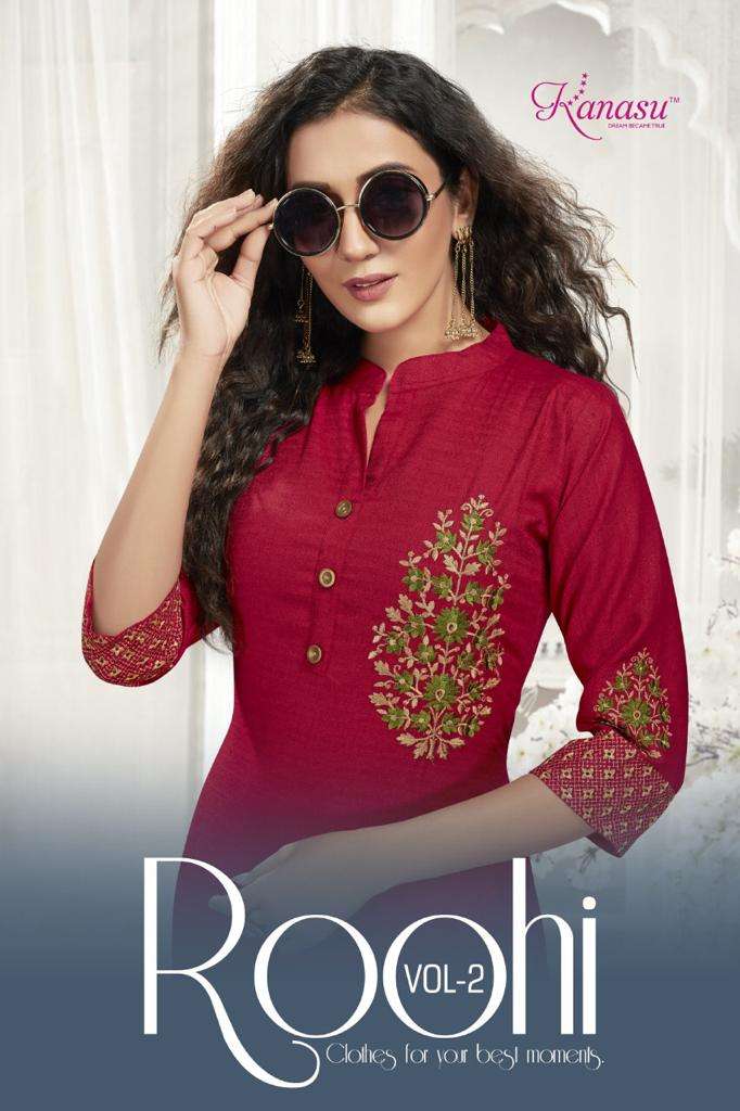 ROOHI VOL 2 BY KANASU KURTI BRAND 14KG RAYON EMBROIDERY WORK SLEEVES WORK STRAIGHT KURTI WHOLESALER ...