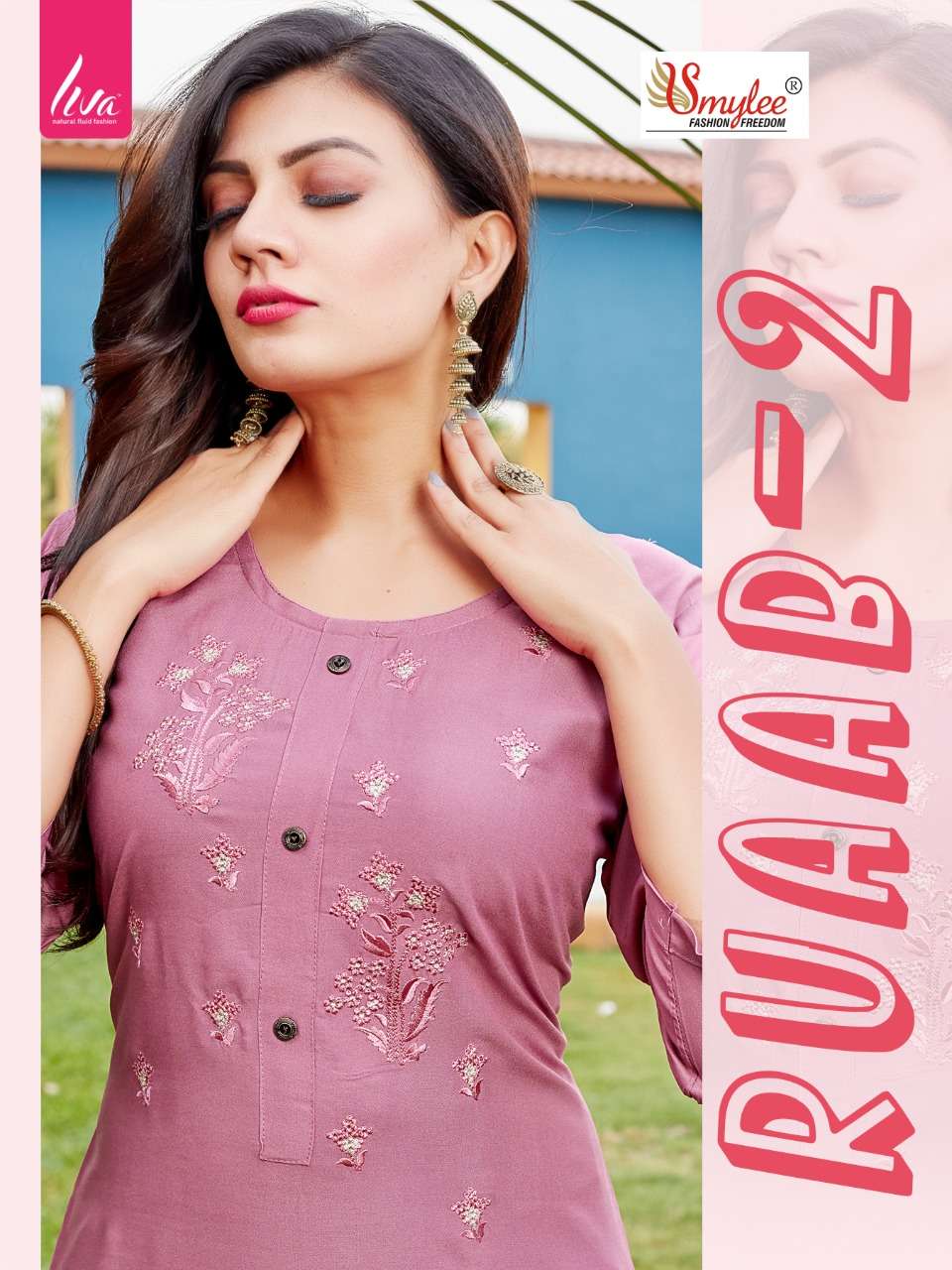 RUAAB VOL 2 BY SMYLEE BRAND HEAVY LIVA APPROVED RAYON WITH MANUAL EMBROIDERY STRAIGHT KURTI WHOLESAL...