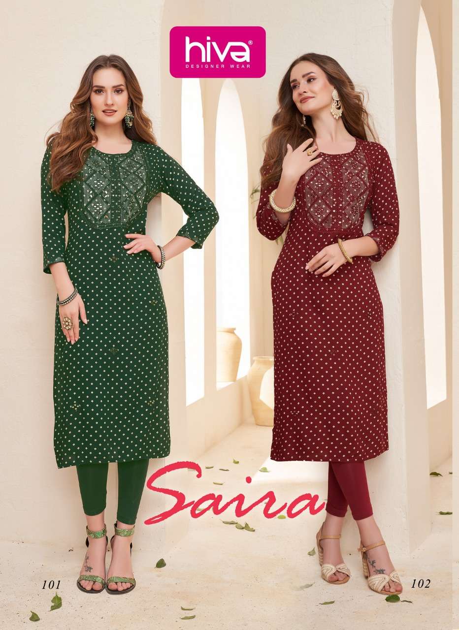 SAIRA BY HIVA BRAND FANCY RAYON MIRROR WORK AND EMBROIDERY WORK STRIGHT KURTI WHOLESALER AND DEALER