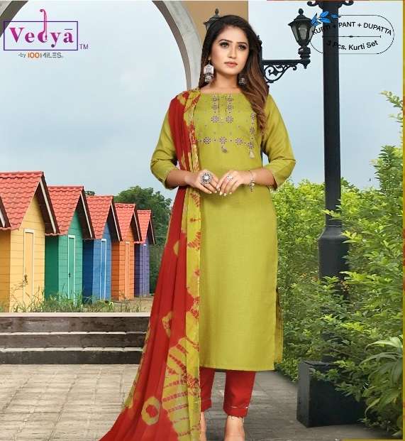 TAPAS BY VEDYA BRAND MAGIC SLUB FABRIC EMBROIDERED KURTI AND PANT WITH SHIBORI PRINT DUPATTA WHOLESA...