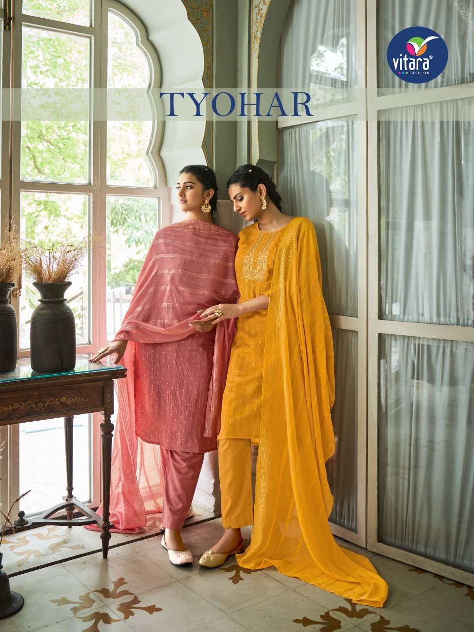 TYOHAR BY VITARA FASHION BRAND VISCOSE CHANDERI WITH JACQUARD BUTTI WORK KURTI WITH BERLIN SILK PANT...