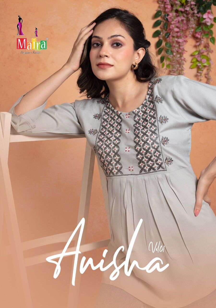 ANISHA VOL 1 BY MAIRA BRAND HEAVY 16 KG RAYON FANCY THREAD WORK AND FULLY HANDWORK LONG TOP WHOLESAL...
