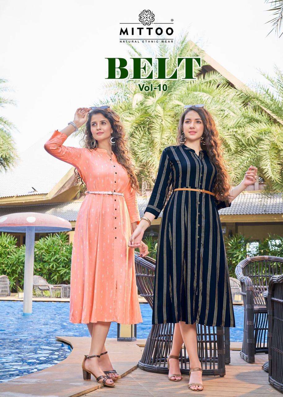 BELT VOL 10 BY MITTOO BRAND HEAVY RAYON WITH FANCY PRINT FROCK STYLE KURTI WITH BELT WHOLESALER AND ...