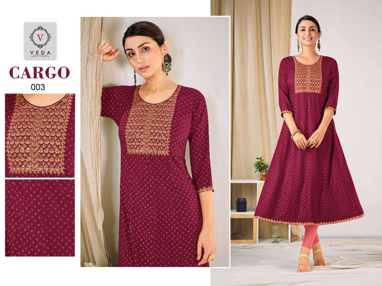 CARGO BY ARTIO BY KAPIL TRENDZ BRAND HEAVY RAYON SLUB WITH FOIL GOLD PRINT WITH NECK EMBROIDERY WORK...