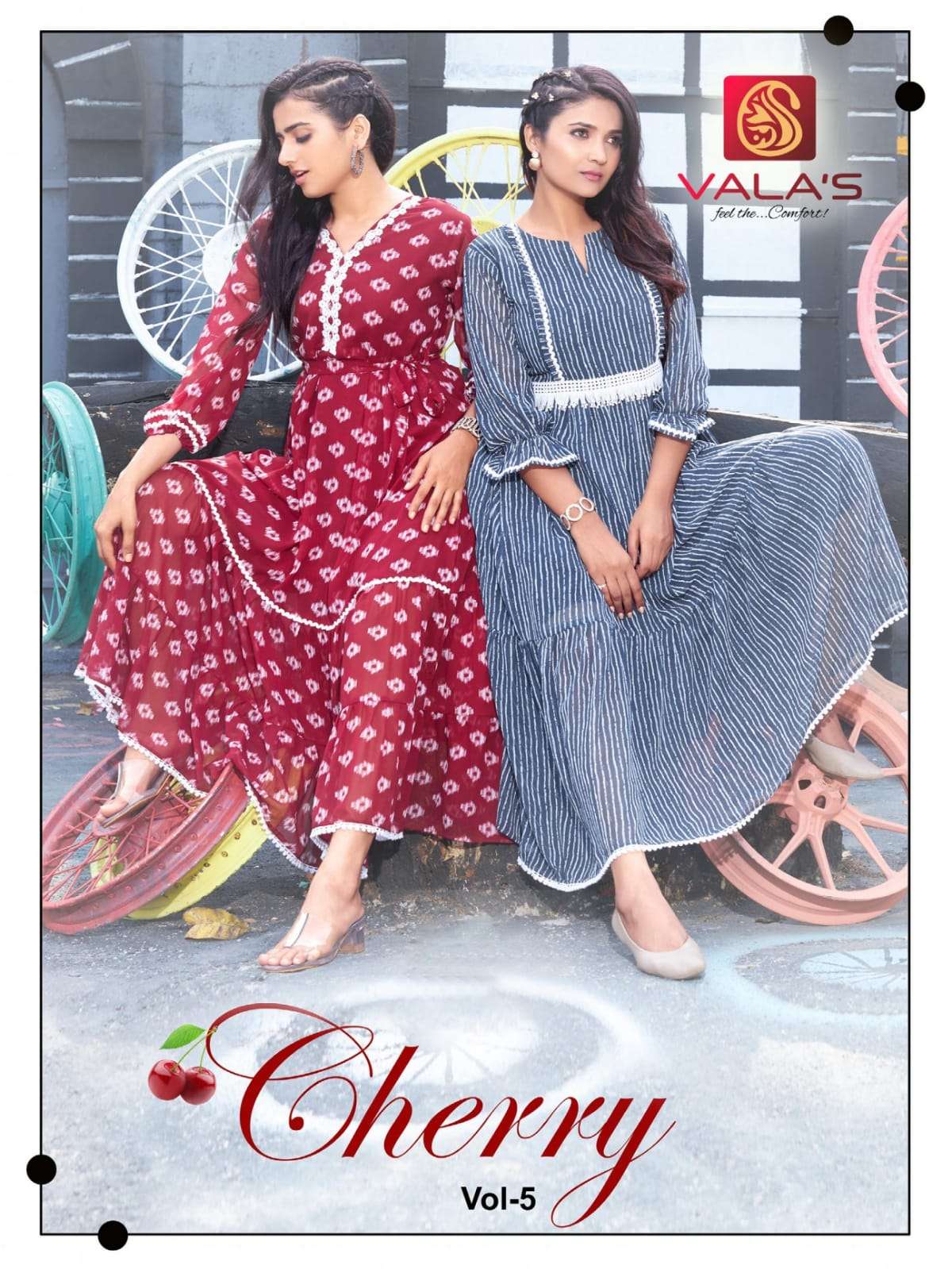 CHERRY VOL 5 BY VALAS BRAND GEORGETTE FANCY PRINT WITH LACEWORK FROCK STYLE KURTI WHOLESALER AND DEA...