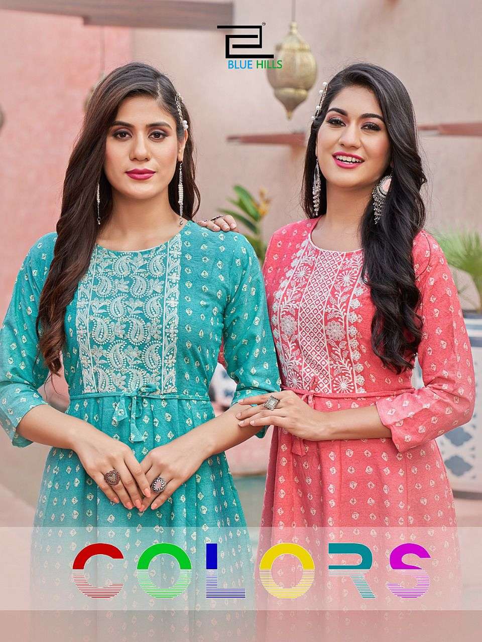 COLORS BY BLUE HILLS BRAND 14KG RAYON CLASSY PRINT WITH EMBROIDERY AND SEQUENCE WORK LONG GOWN KURTI...