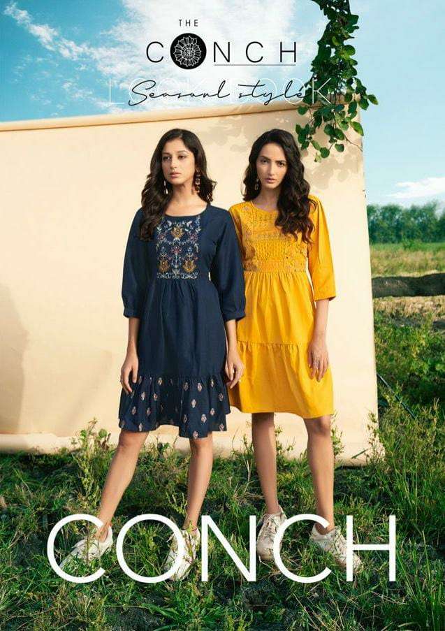 CONCH BY THE CONCH BRAND IMPORTED BLUE BUTTER WEAVING FABRIC FROCK STYLE KURTI WHOLESALER AND DEALER