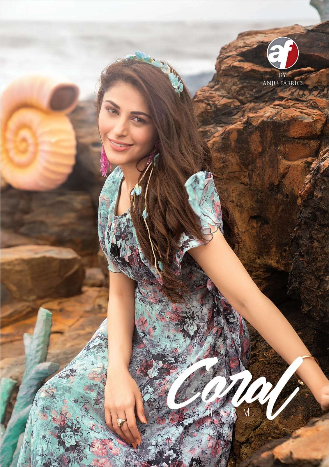 CORAL BY AF BRAND VISCOSE PREMIUM CHIFFON PRINTED LONG ONE PIECE LONG DRESS KURTI WITH FANCY BROOCH ...