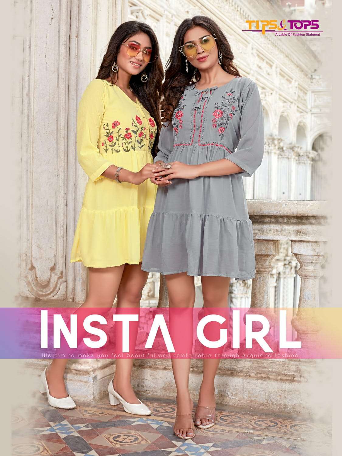  INSTA GIRL BY TIPS & TOPS BRAND HEAVY GEORGETTE EMBROIDERY WORK FANCY SHORT KURTI WITH INNER WHOLES...