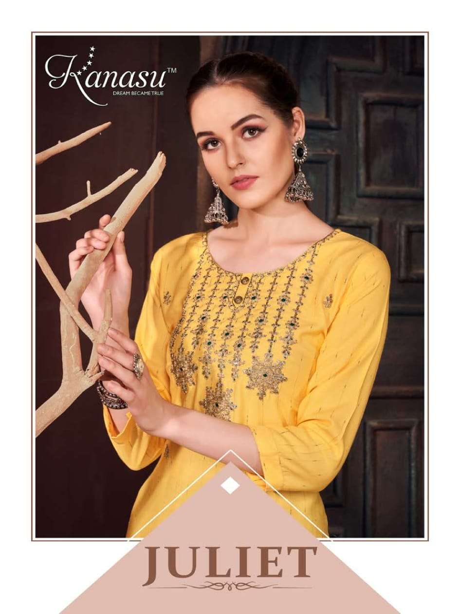 JULIET BY KANASU KURTI BRAND HEAVY 14 KG RAYON EMBROIDERY WORK STRAIGHT KURTI WITH DORI WORK WHOLESA...