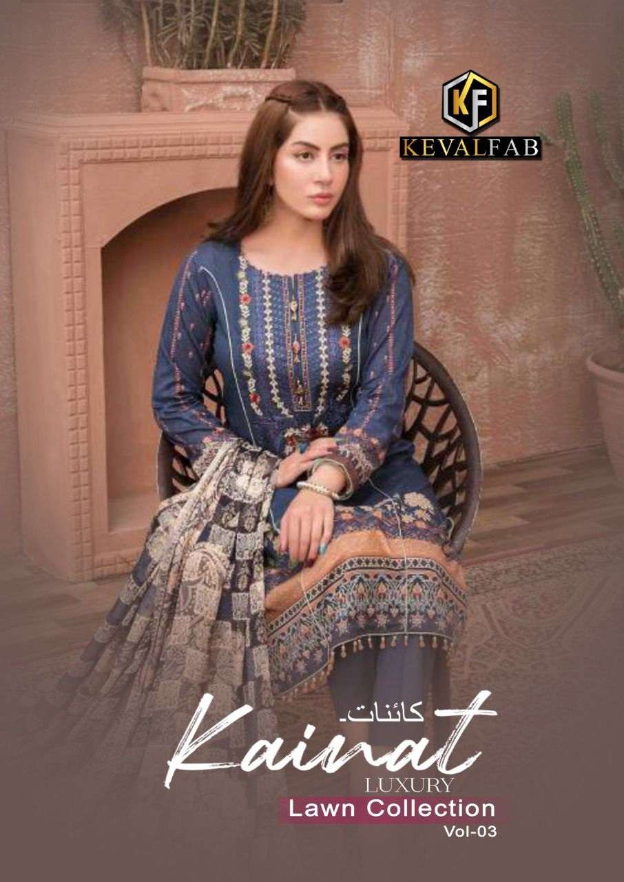 KAINNAT VOL-3 BY KEVAL FAB BRAND EXCLUSIVE LAWN COTTON PRINT KURTI WITH BOTTOM AND HEAVY LAWN DUPATT...