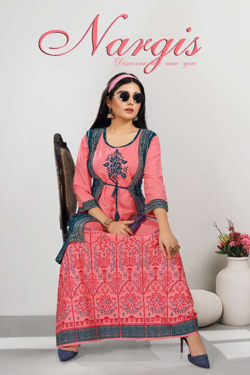 NARGIS VOL 1 BY S3FOREVER BRAND HEAVY RAYON EMBROIDERY WORK AND FOIL PRINT KURTI WITH BOTTOM KURTI A...