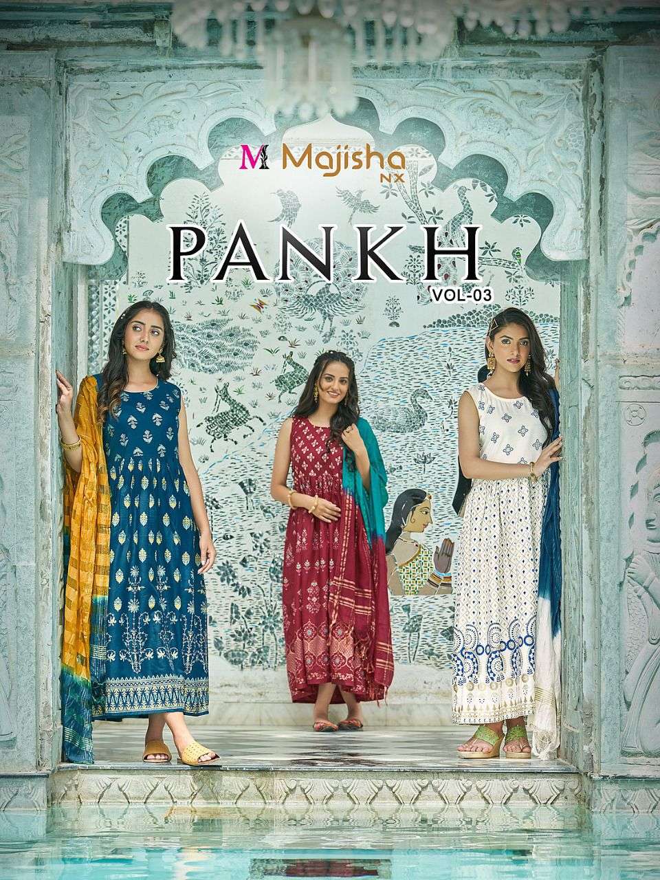 PANKH VOL 3 BY MAJISHA NX BRAND RAYON 14KG LIVA TAG FOIL PRINTED LONG GOWN STYLE KURTI WITH HEAVY DY...