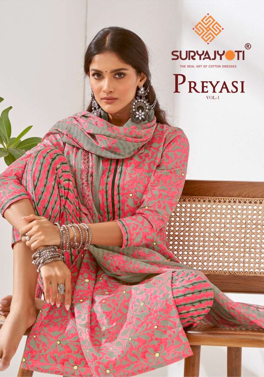 PREYASI VOL-1 BY SURYAJYOTI BRAND PURE COTTON LAWN WITH CLASSY PRINT KURTI WITH COTTON PANT AND FANC...