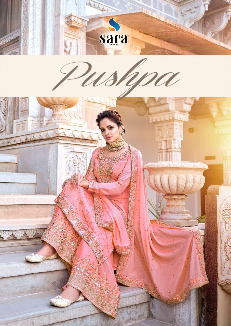 PUSHPA BY SARA TRENDZ BRAND CHINON WITH HEAVY EMBROIDERY AND HAND WORK SEMI STTICHED KURTI WITH SATI...