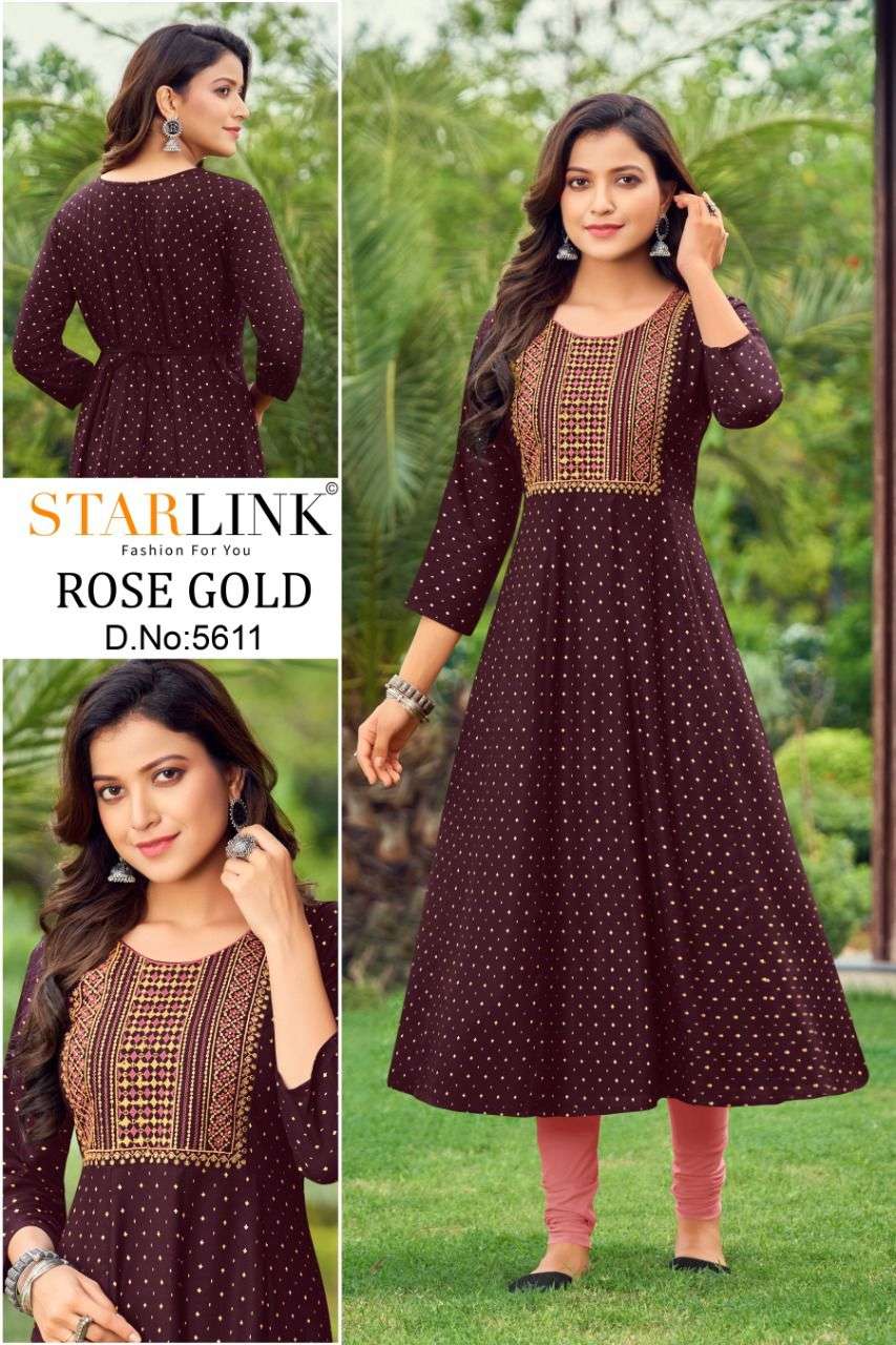 ROSE GOLD BY STARLINK BRAND HEAVY RAYON WITH FOIL PRINT AND EMBROIDERY WORK FROCK STYLE KURTI WHOLES...