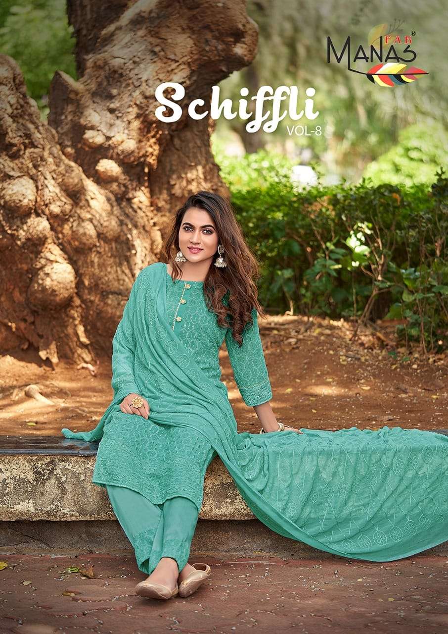 SCHIFFLI VOL 8  BY MANAS FAB BRAND GEORGETTE SCHIFFLI WORK KURTI WITH INNER AND STAIN PANT AND NAZNE...