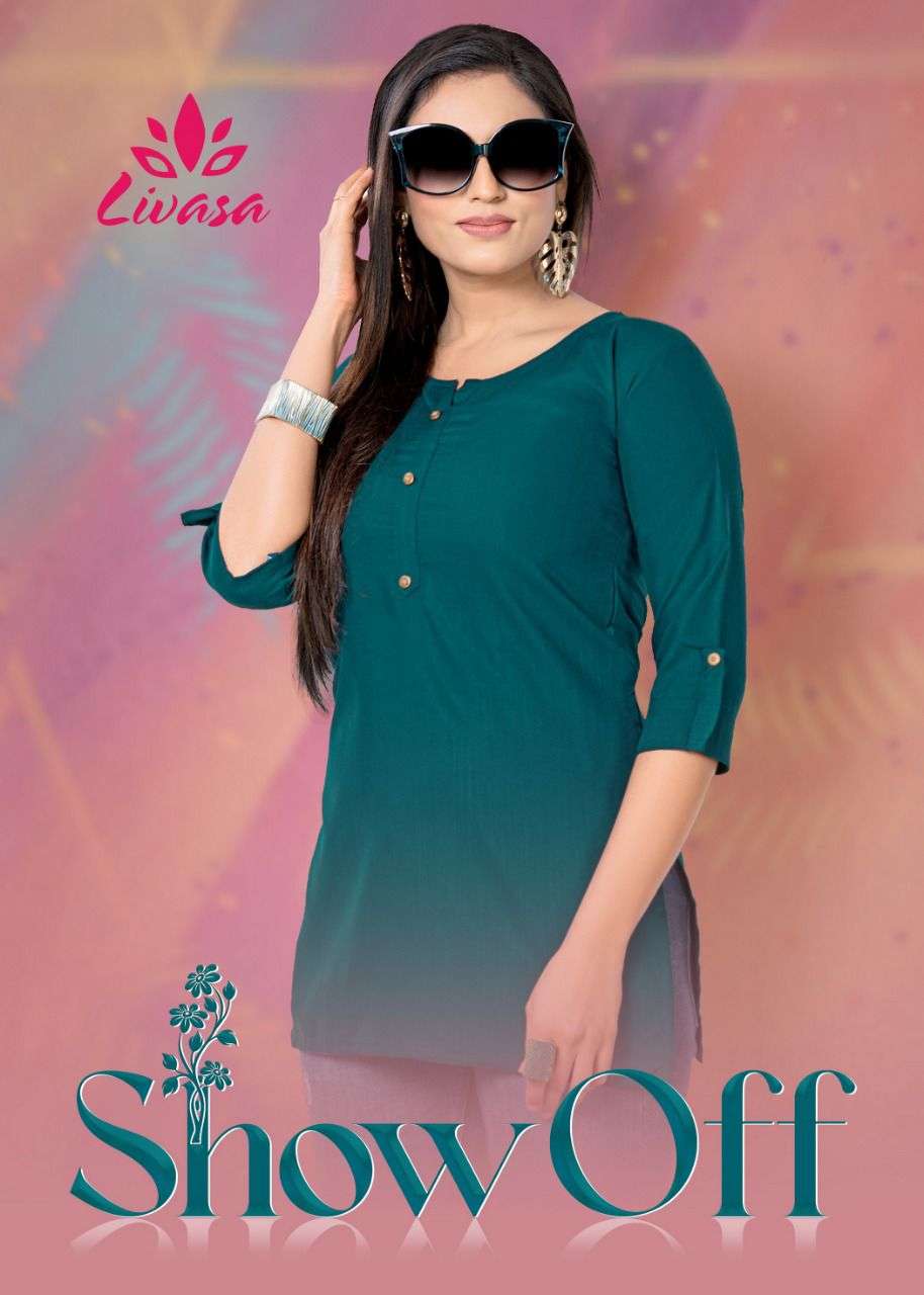 SHOW OFF BY LIVASA BRAND FANCY RAYON PLAN STRAIGHT SHORT KURTI WITH FRONT BUTTON WHOLESALER AND DEAL...
