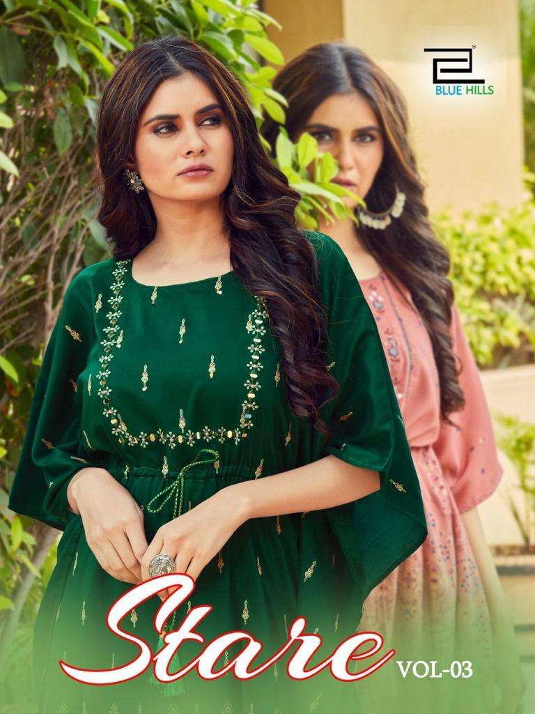 STARE VOL 3 BY BLUE HILLS BRAND FANCY SILK HEAVY QUALITY WITH HAND WORK AND REAL MIRROR KAFTAN KURTI...