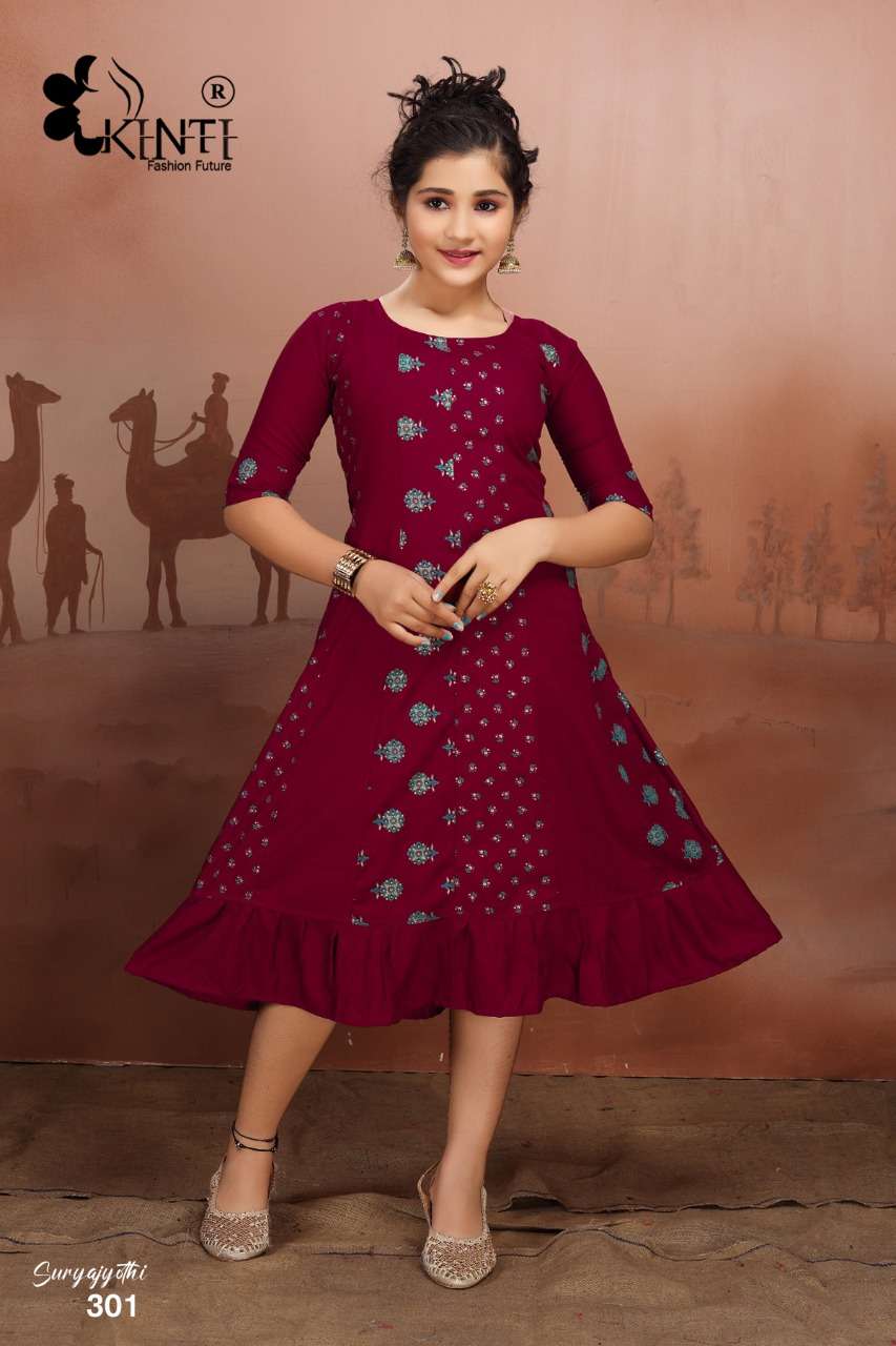 SURYAJYOTHI BY KINTI BRAND 14KG RAYON MULTI COLOR FOIL PRINT ANARKALI KIDS FROCK WHOLESALE AND DEALE...