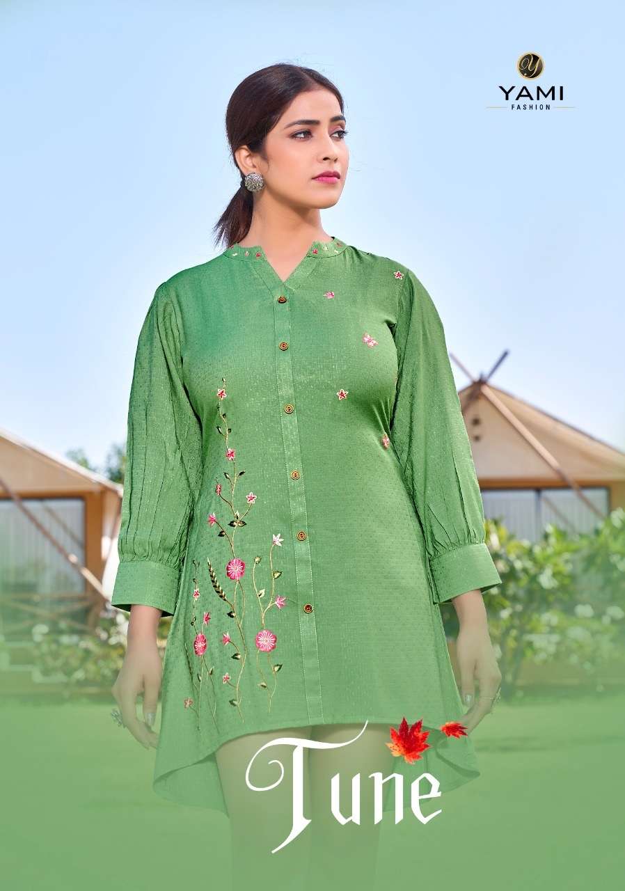 TUNE BY YAMI BRAND SELF WEAVING FABRICS WITH FANCY MACHINE EMBROIDERY SHORT KURTI WHOLESALER AND DEA...