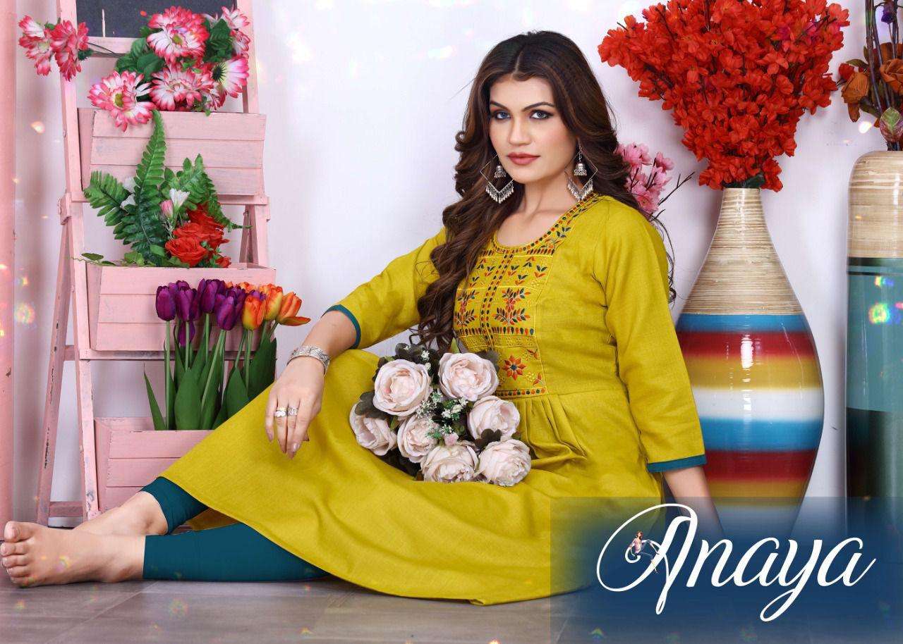 ANAYA  BY MAYRA BRAND COTTON SLUB WITH FANCY EMBROIDERY WORK FROCK STYLE KURTI WHOLESALER AND DEALER