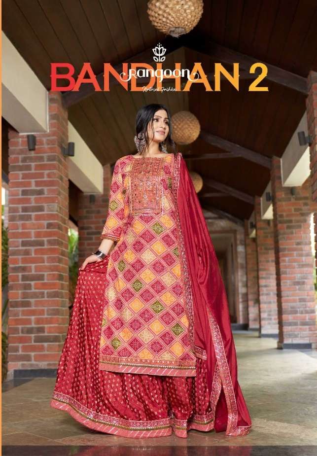 BANDHAN VOL.2 BY RANGOON BRAND HEAVY RAYON BANDHEJ PRINT WITH KHATLI AND MIRROR WORK KURTI WITH PURE...